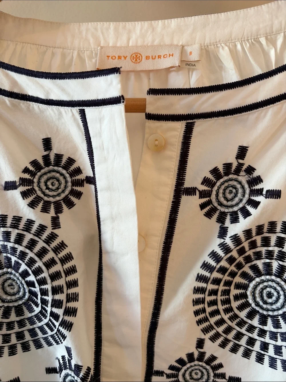 Tory Burch White Cotton Tunic with Navy Geometric Embroidery